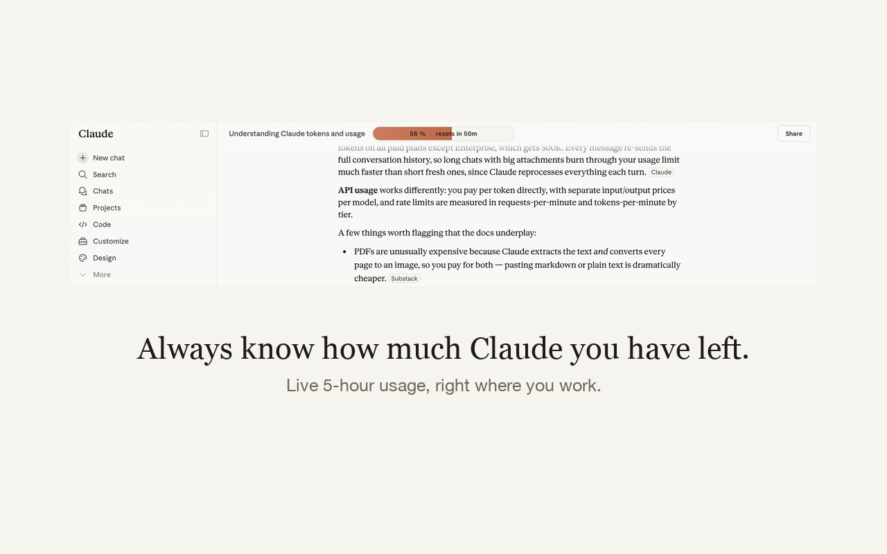 Close-up of the usage bar inside the claude.ai chat box with context-window donut and cache timer